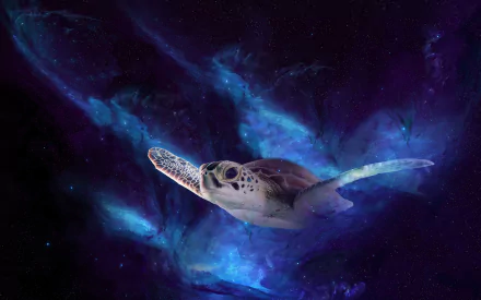 HD desktop wallpaper featuring a turtle swimming through a glowing, cosmic underwater scene with vibrant blue and purple hues.