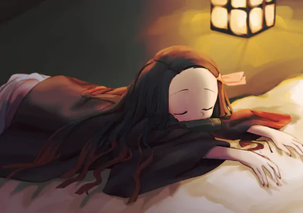 HD PC desktop wallpaper featuring Nezuko Kamado from the anime Demon Slayer: Kimetsu no Yaiba, depicted peacefully resting with soft lighting in a warm atmosphere.