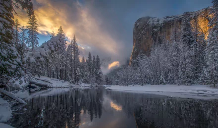 merced river Sierra Nevada California mountain river reflection snow forest winter nature Yosemite National Park Snowy Mountain HD Desktop Wallpaper | Background Image