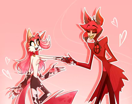 HD PC desktop wallpaper of Alastor from the Hazbin Hotel TV show, smiling and reaching for hands with a pink fox-like character on a blush-pink background.