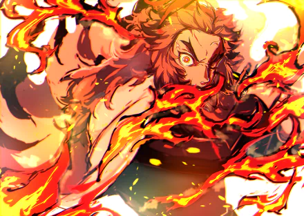 HD desktop wallpaper featuring Kyojuro Rengoku, a character from the anime Demon Slayer: Kimetsu no Yaiba, surrounded by vibrant flames.