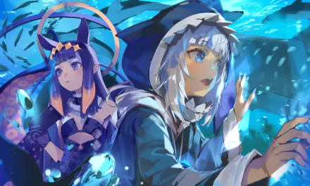 HD PC desktop wallpaper featuring anime-style Virtual YouTubers Gawr Gura and Ninomae Ina'nis surrounded by vibrant underwater elements.