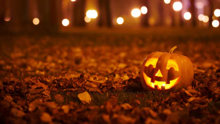 HD desktop wallpaper featuring a glowing orange carved pumpkin resting on autumn leaves, with blurred warm lights in the background, evoking Halloween holiday spirit.