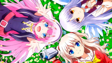 HD anime desktop wallpaper featuring blue-eyed characters Kanade Tachibana, Hina Satō, and Nao Tomori from Angel Beats!, Charlotte, and The Day I Became a God in a vibrant crossover.