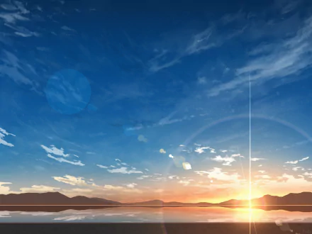 HD anime desktop wallpaper: panoramic sky anime sunset with vibrant orange sun dipping behind distant mountains over calm water, lens flare and wispy clouds across a deep blue sky.