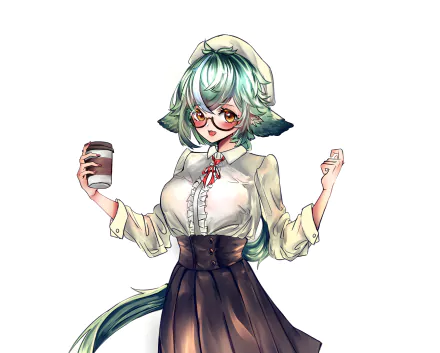 HD PC desktop wallpaper featuring Sucrose from the video game Genshin Impact, showcasing her holding a coffee cup with a confident pose.