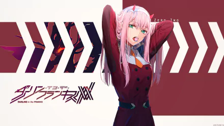 HD desktop wallpaper featuring Zero Two from Darling in the FranXX anime. She stands confidently with her arms raised, set against a geometric background with the series logo.