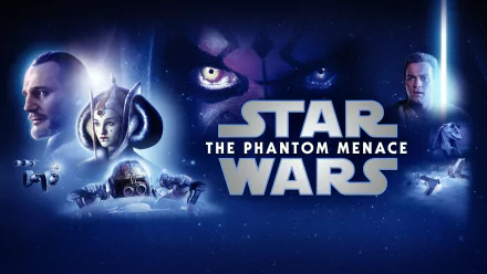4K Ultra HD PC desktop wallpaper for Star Wars: Episode I – The Phantom Menace, showing the Star Wars logo beneath menacing eyes, flanked by Jedi figures and Queen Amidala against a starfield background.