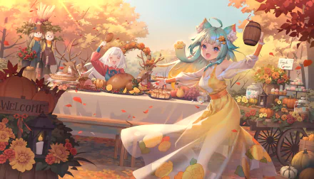 Anime girl with aqua hair and animal ears celebrates Thanksgiving outdoors among autumn foliage, white-haired character at a festive fall feast in this HD desktop wallpaper.