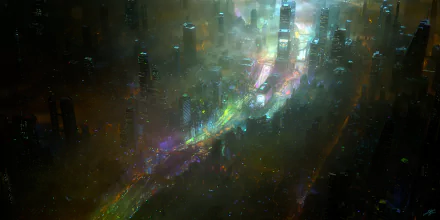 Futuristic sci-fi cityscape with towering buildings and glowing neon lights, creating a vibrant, atmospheric HD PC desktop wallpaper background.