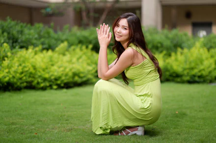 green dress smile long hair brunette model woman asian HD Desktop Wallpaper | Background Image