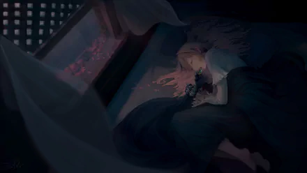 2K Quad HD PC desktop anime wallpaper of blonde Violet Evergarden sleeping, curled on a dark bed as moonlight filters through a window and casts soft shadows.