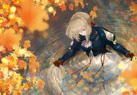 HD anime desktop wallpaper featuring Violet Evergarden with blonde hair and blue eyes surrounded by autumn leaves and swirling water reflections.