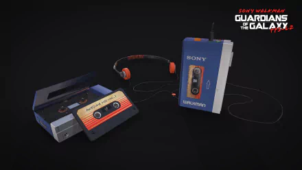 Sony Walkman with cassette tapes and headphones on a dark backdrop — Guardians of the Galaxy movie-inspired HD PC desktop wallpaper and background.