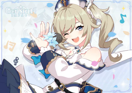 HD PC desktop wallpaper featuring Barbara from the video game Genshin Impact, showcasing her cheerful expression and musical-themed design.