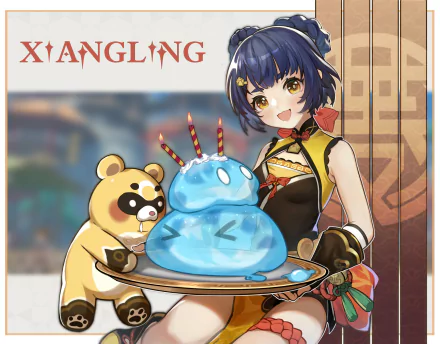A vibrant HD wallpaper featuring Xiangling from Genshin Impact, joyfully presenting a blue slime dessert alongside her companion Guoba, embodying the whimsical charm of the game.