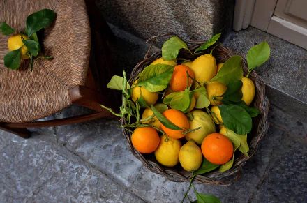 Basket of lemons and oranges with green leaves on a stone floor beside a woven chair — vibrant fruit still life, 2K Quad HD PC desktop wallpaper