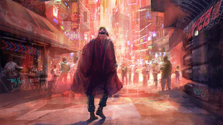 A 4K Ultra HD cyberpunk scene of a futuristic city street, with neon lights and people, featuring a lone figure walking toward the vibrant, sci-fi illuminated urban landscape.