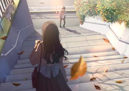 Anime-style 4K Ultra HD desktop wallpaper featuring a serene scene of two characters on sunlit stairs surrounded by autumn leaves.