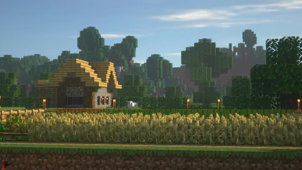 Minecraft scene featuring a pixelated house and wheat field under a clear sky, presented as a 4K Ultra HD PC desktop wallpaper background.