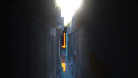 4K Ultra HD Minecraft wallpaper depicting a deep, narrow ravine illuminated by bright sunlight with flowing lava at the bottom, showcasing the game's iconic blocky textures.
