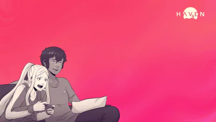 HD desktop wallpaper featuring two animated characters relaxing with a game controller and paper, against a pink background with the Haven logo.