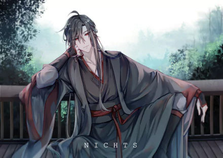 HD PC desktop wallpaper of Wei Wuxian (Mo Dao Zu Shi), anime portrait reclining on a wooden railing in dark robes with long black hair against a misty forest background.