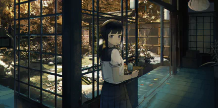 A 4K Ultra HD anime girl with black hair stands inside a traditional Japanese building, gazing outside at an autumn garden through large glass windows.