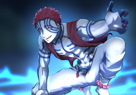 HD PC desktop wallpaper featuring Akaza from the anime Demon Slayer: Kimetsu no Yaiba in a dynamic pose with vibrant blue and red tones.