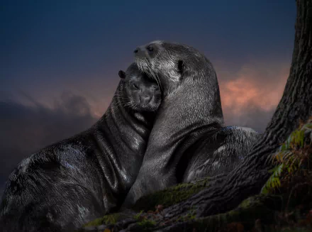 Two otters embracing on a mossy rock at dusk, dramatic sky — high-detail 4K Ultra HD animal image for PC desktop wallpaper and background.