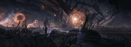 A dark fantasy landscape with twisted structures and glowing orbs under a celestial sky, rendered in high-definition for a PC desktop wallpaper background.