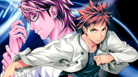 4K Ultra HD PC wallpaper of the anime Food Wars: Shokugeki no Soma featuring chefs Kojirō Shinomiya and Sōma Yukihira in dynamic, colorful action poses.