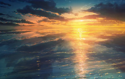 HD anime desktop wallpaper featuring a vibrant sunset with golden light reflecting over a calm ocean, blending warm and cool tones for a serene atmosphere.