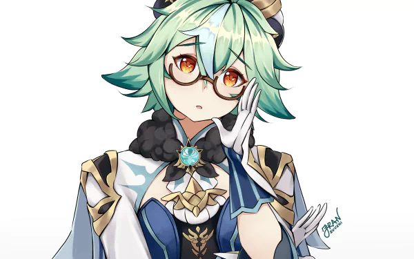 HD PC desktop wallpaper of Sucrose from the video game Genshin Impact, featuring her with green hair, orange eyes, and wearing her alchemist outfit.