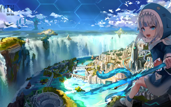 HD desktop wallpaper featuring Gawr Gura from Hololive's Holomyth, posing with a trident over a fantastical cityscape with waterfalls.