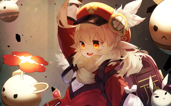 HD desktop wallpaper featuring Klee, a character from the video game Genshin Impact, with a joyful expression surrounded by floating creatures and magical elements.