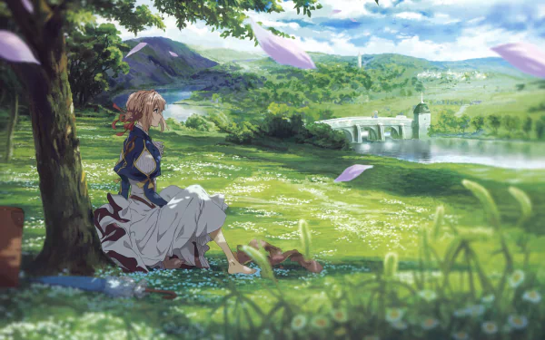 An HD desktop wallpaper featuring Violet Evergarden, an anime character, sitting under a tree in a peaceful, scenic landscape with a bridge and pink petals in the air.