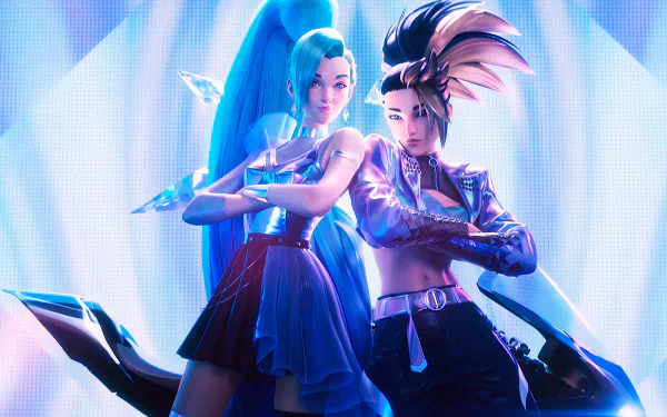 K/DA's Akali and Seraphine from League of Legends with blue and long hair, styled in a vibrant K-pop aesthetic, featured in a 4K Ultra HD video game wallpaper.