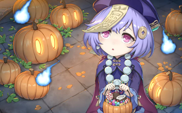 Qiqi from Genshin Impact in a Halloween-themed 4K Ultra HD PC wallpaper, surrounded by glowing pumpkins and ghostly blue flames in a festive video game scene.