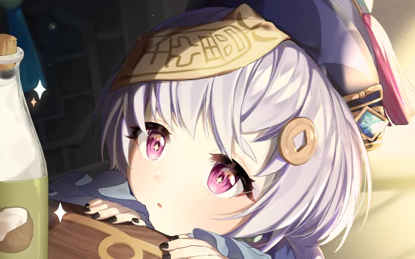 HD desktop wallpaper featuring Qiqi from Genshin Impact, showing a close-up of her with a thoughtful expression.