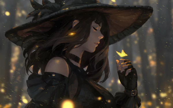 A fantasy HD wallpaper featuring a woman in a witch hat, gently holding a glowing butterfly, surrounded by magical light particles against a misty forest backdrop.