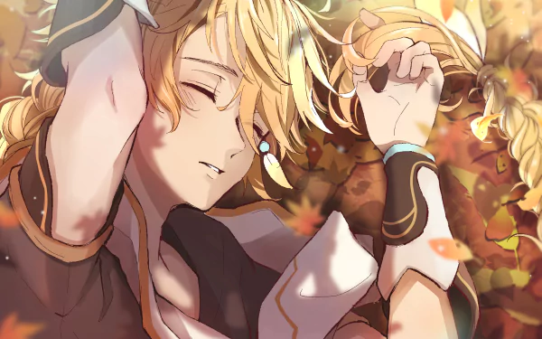 HD PC desktop wallpaper featuring Aether from the video game Genshin Impact, with warm autumn tones and detailed character art.