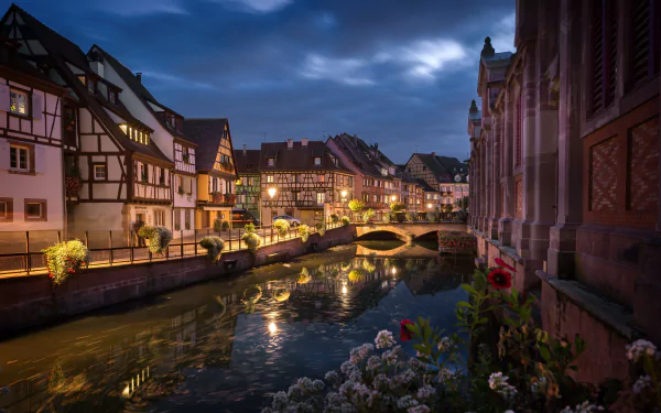 town bridge canal house France night man made Colmar HD Desktop Wallpaper | Background Image