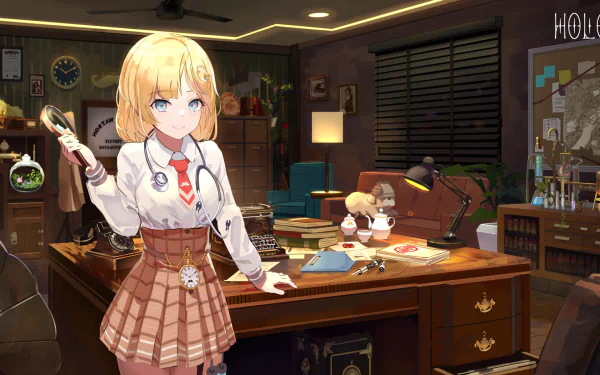 HD PC desktop wallpaper featuring Watson Amelia, an anime-style Virtual YouTuber, in a detailed detective office setting.