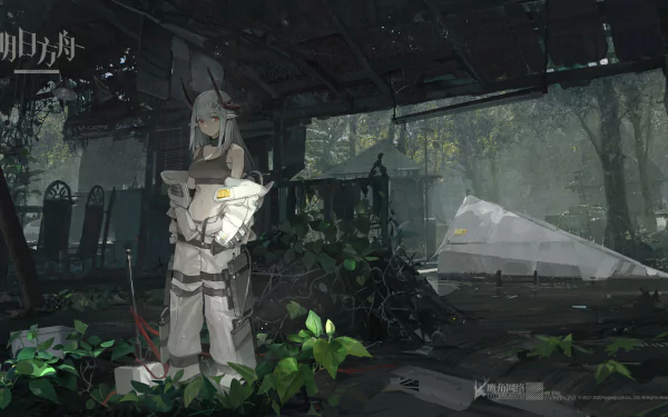 HD PC desktop wallpaper featuring Mudrock from the video game Arknights, standing in a dim, overgrown industrial environment with soft light filtering through.