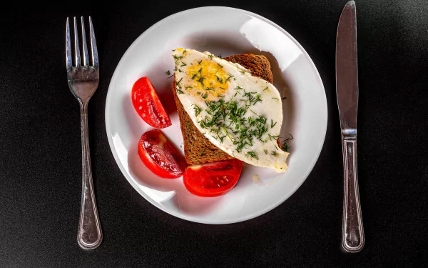 tomato fried egg fork knife bread plate food egg HD Desktop Wallpaper | Background Image