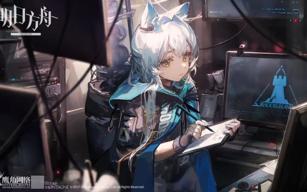 HD PC desktop wallpaper featuring Rosmontis from Arknights with white hair and animal ears, set in a detailed, futuristic environment.