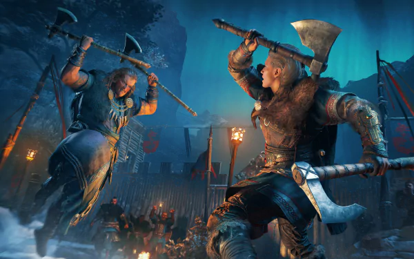 Assassin's Creed Valhalla video game 4K Ultra HD PC desktop wallpaper/background: two Viking warriors clash with axes in a torchlit, snowy raid before wooden palisades.