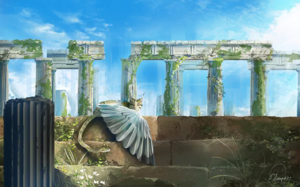 HD PC desktop wallpaper of a fantasy chimera creature’s wing and horn amid sunlit, overgrown ruins and crumbling columns beneath a bright blue sky.
