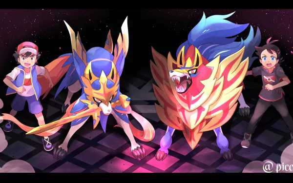 HD anime desktop wallpaper: Ash Ketchum and Goh flank legendary Pokémon Zacian and Zamazenta in bold, dynamic poses against a neon-lit, starry grid background.